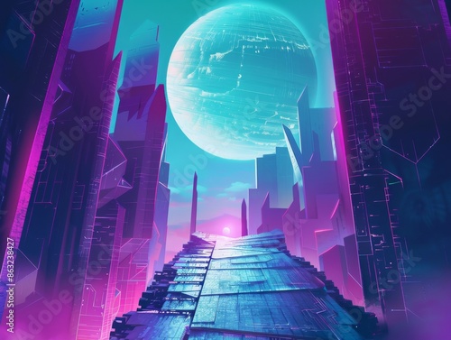 A futuristic cityscape with glowing neon lights and a large blue moon in the sky. The path leads to a bright light in the distance.