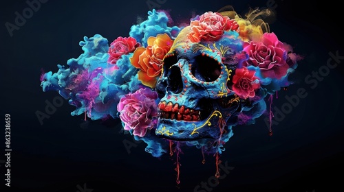 A vibrant, creepy skull adorned with colorful floral designs perfect for Halloween or Day of the Dead celebrations. The skull is surrounded by bright, blooming flowers.