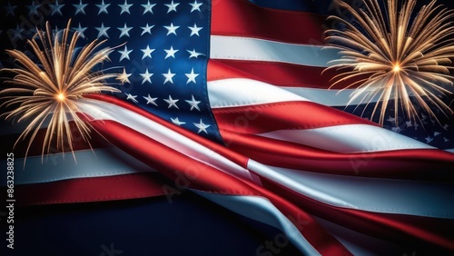 American flag and fireworks. US Independence Day July 4th concept