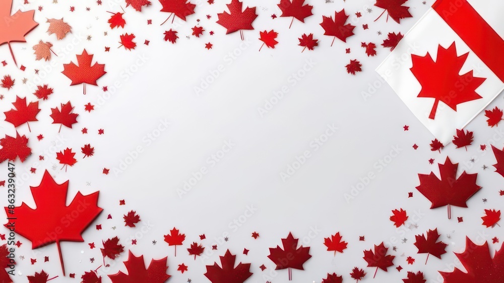 Happy Canada Day photo. Canadian flags and confetti on white background with copy space Happy Canada Day photo. Canadian flags and confetti on white background with copy space