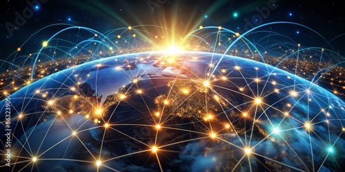 Futuristic global network representation featuring glowing circuits, wires, and spheres interconnected with pulsing lights, symbolizing AI-driven information exchange and technological advancement. photo