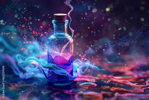 A glass bottle with a cork stopper filled with a pink liquid and surrounded by swirling blue and purple smoke.  Sparkling light glows around it.