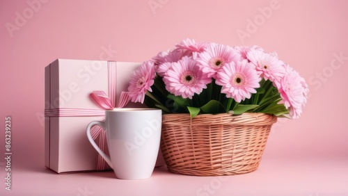 Wallpaper Mural Flower basket, gift box and coffee mug on pastel pink background. Happy Mother's Day, International Women's Day, birthday concept Torontodigital.ca