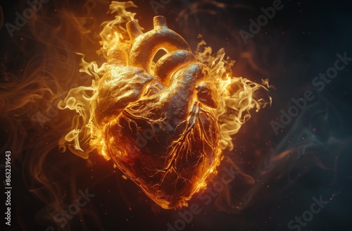 Flaming Human Heart 3D Render With Detailed Anatomical Features