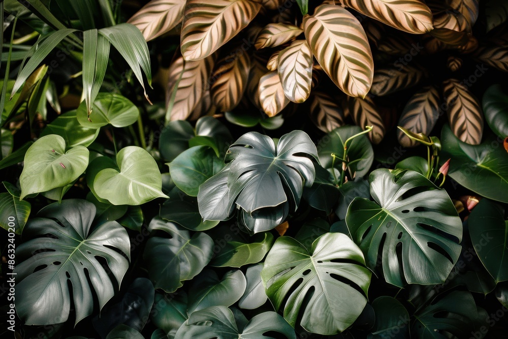 The image displays a lush tropical backdrop featuring a variety of green leaves. The foliage includes large monstera leaves and other vibrant tropical plants, creating a rich, natural scene. The image displays a lush tropical backdrop featuring a variety of green leaves. The foliage includes large monstera leaves and other vibrant tropical plants, creating a rich, natural scene.