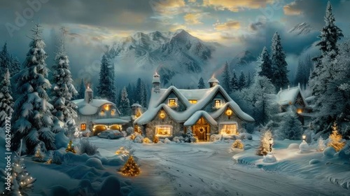 A picturesque winter Christmas scene with a cozy, illuminated cottage amidst snow-covered trees and mountains under a cloudy, evening sky.