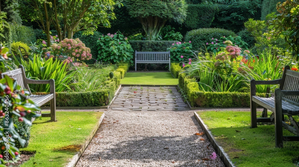 A gravel path leads through a lush green garden with manicured hedges and wooden benches A gravel path leads through a lush green garden with manicured hedges and wooden benches