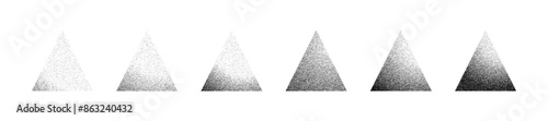 The texture grain noise gradient triangles set is isolated on the white background, grit sand noise overlay, gradient halftone vector texture, spray, and shadows effect illustration.