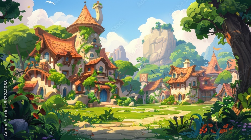 Obraz premium A whimsical village set against a backdrop of lush greenery and blue skies, featuring charming houses with red-tiled roofs and a towering rock formation in the background.