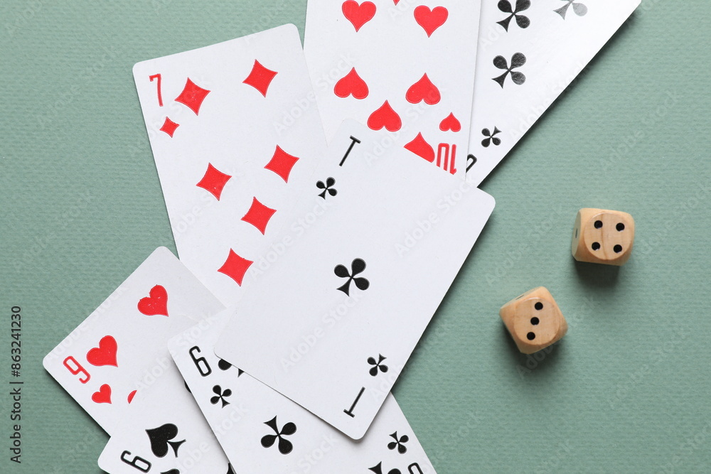 Playing cards on color background, top view. Gambling concept Playing cards on color background, top view. Gambling concept