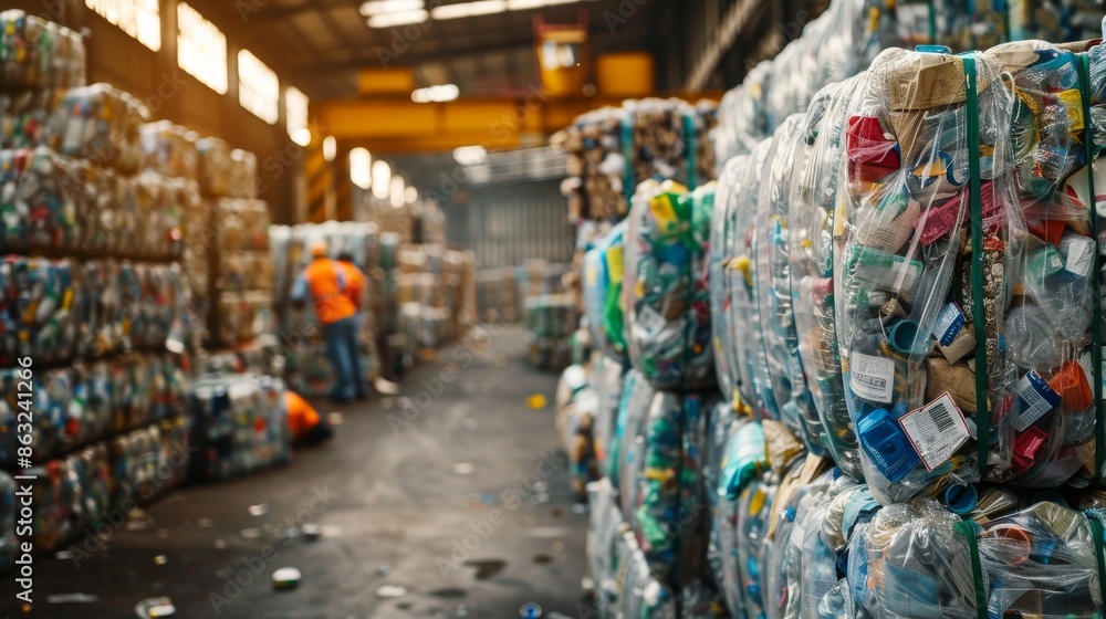 Fototapeta premium A large warehouse filled with stacked bales of recycled plastic bottles. Two workers are visible in the background.
