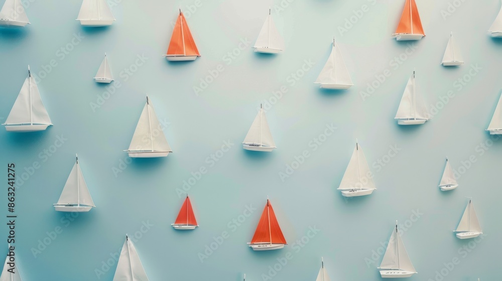 A light blue background with white and orange sailboats in a random pattern. A light blue background with white and orange sailboats in a random pattern.