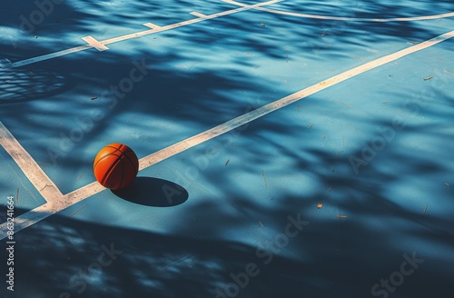 Basketball on an Outdoor Court With Blue Paint and White Lines