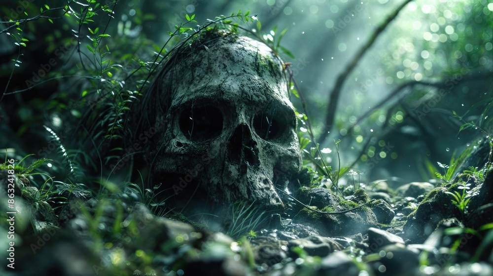 A skull partially buried in the ground, surrounded by moss and rocks, set against a backdrop of a forest. A skull partially buried in the ground, surrounded by moss and rocks, set against a backdrop of a forest.