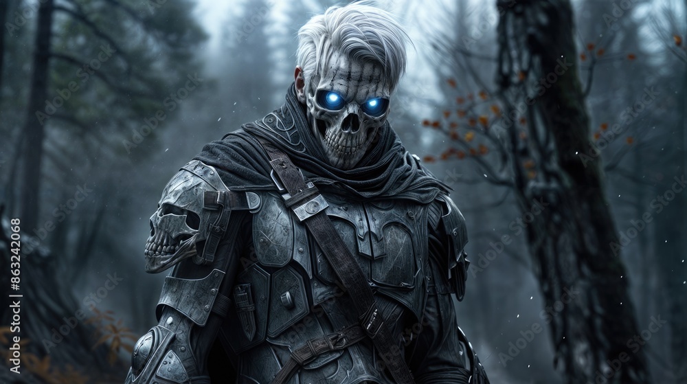 A character in the form of a necromancer with glowing blue eyes, dressed in armor, stands in a mystical forest. A character in the form of a necromancer with glowing blue eyes, dressed in armor, stands in a mystical forest.