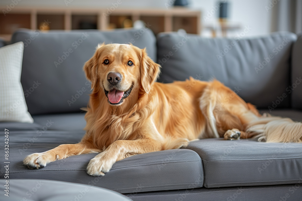 A happy Golden Retriever lying comfortably on a gray sofa in a cozy home environment. The dog is looking at the camera with a relaxed and content expression A happy Golden Retriever lying comfortably on a gray sofa in a cozy home environment. The dog is looking at the camera with a relaxed and content expression