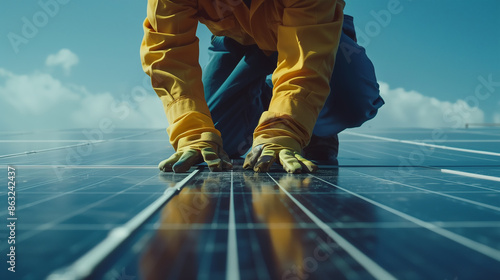 Worker Installing Solar Panels in Energy Image