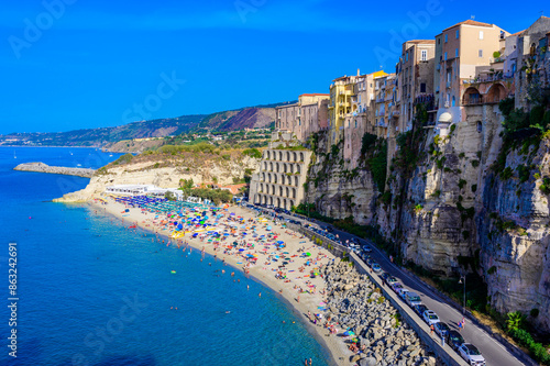 Fototapeta Naklejka Na Ścianę i Meble -  Tropea City Beach - beautiful coast scenery with paradise beach in Calabria - travel destination in southern Italy, Europe