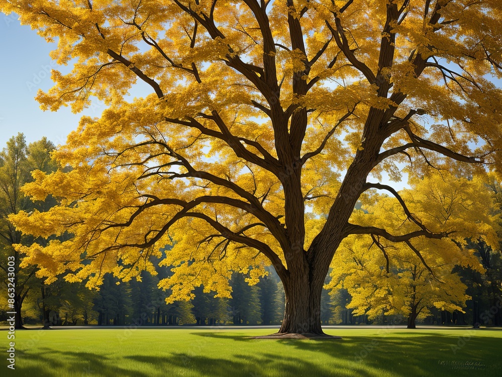 Fototapeta premium Large tree with golden autumn leaves in a sunny park