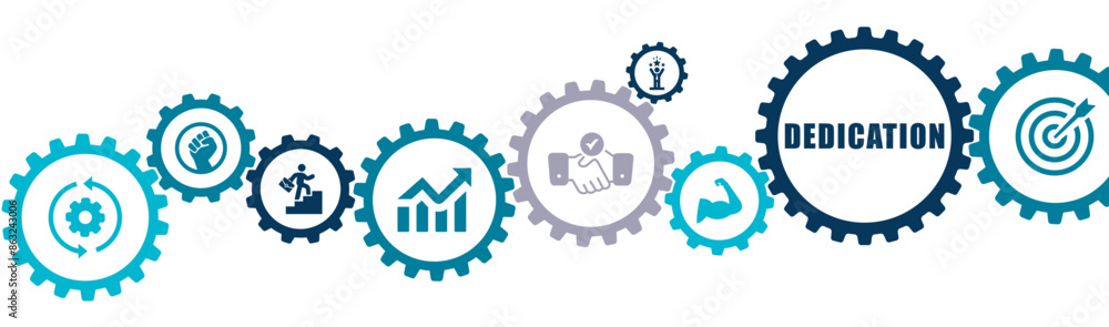Dedication banner vector illustration with the icons of strengthen, target, collaboration, perseverance, growth, vision, determination, endurance on white background Dedication banner vector illustration with the icons of strengthen, target, collaboration, perseverance, growth, vision, determination, endurance on white background