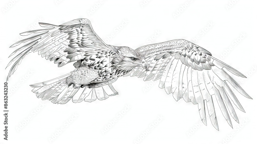 Fototapeta premium A black and white sketch of a hawk in mid-flight with its wings fully extended