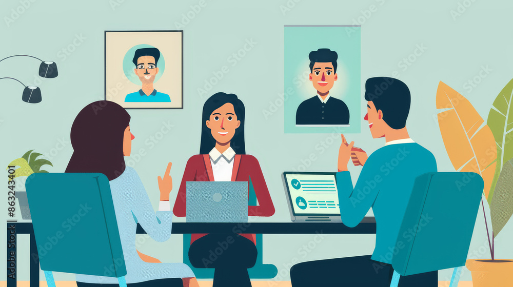 Job interview held online, using video call. HR team talks to the job seeker over a video call. Employer and employee meet virtually. Job interview held online, using video call. HR team talks to the job seeker over a video call. Employer and employee meet virtually.