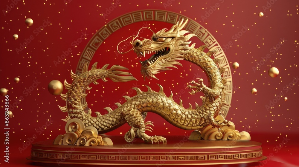 Fototapeta premium Golden Dragon Statue on Red Surface