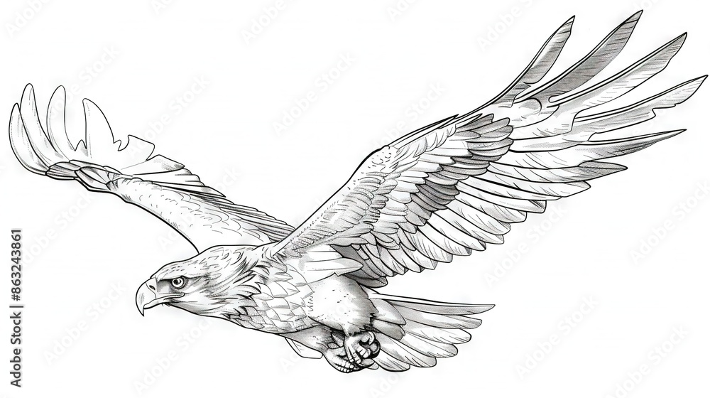 Fototapeta premium A black-and-white sketch of a hawk with open wings and its beak prominently displayed