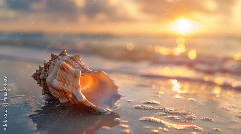 Close up of conch shell on beach with blurred sea and sky background at sunset. summer vacation concept Close up of conch shell on beach with blurred sea and sky background at sunset. summer vacation concept