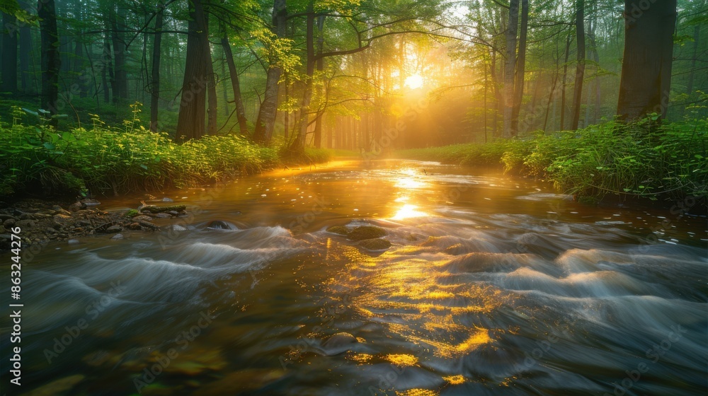Obraz premium A serene forest creek meanders through the woods in the warm, golden sunlight of a setting sun, creating a picturesque and cinematic 8K nature scene.