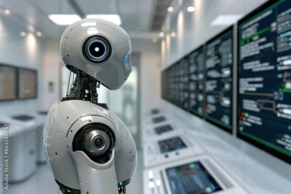 A futuristic robot with a sleek design is seen engaging in work inside a high-tech control room filled with digital screens and equipment. A futuristic robot with a sleek design is seen engaging in work inside a high-tech control room filled with digital screens and equipment.