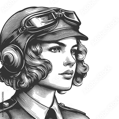vintage aviator woman wearing goggles and a helmet, capturing the spirit of early aviation sketch engraving generative ai fictional vector illustration. Scratch board imitation. Black and white image.