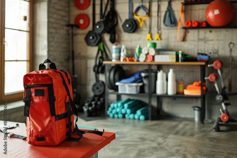 A red backpack sits on a table in a well-equipped home gym. The backpack is in focus while the rest of the room is blurred. A red backpack sits on a table in a well-equipped home gym. The backpack is in focus while the rest of the room is blurred.