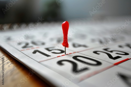 A red push pin marks the 15th on a calendar page, highlighting an important date.