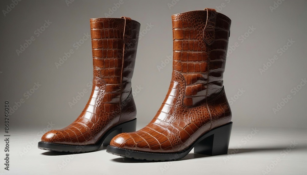 Stylish women's crocodile boots, isolated background.
Stylish women's crocodile boots, isolated background.