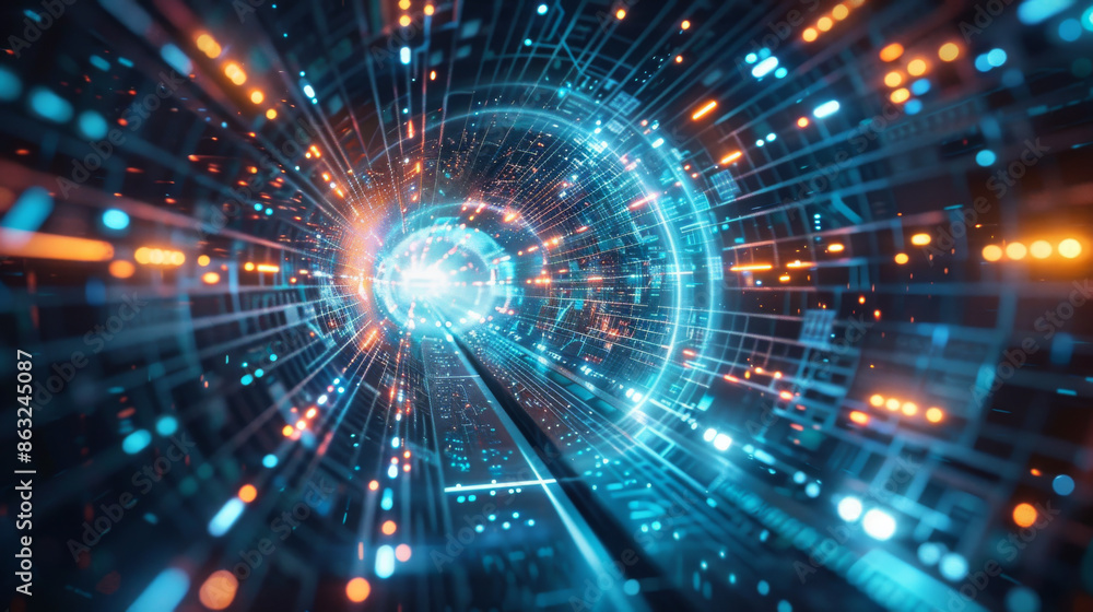A glowing portal shines in a dark tunnel filled with digital light. This futuristic scene symbolizes the gateway to a cyber world where technology and imagination collide. A glowing portal shines in a dark tunnel filled with digital light. This futuristic scene symbolizes the gateway to a cyber world where technology and imagination collide.