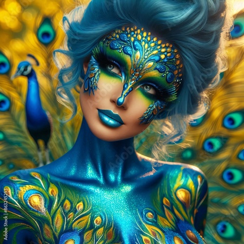 Woman bodypainted as peacock photo