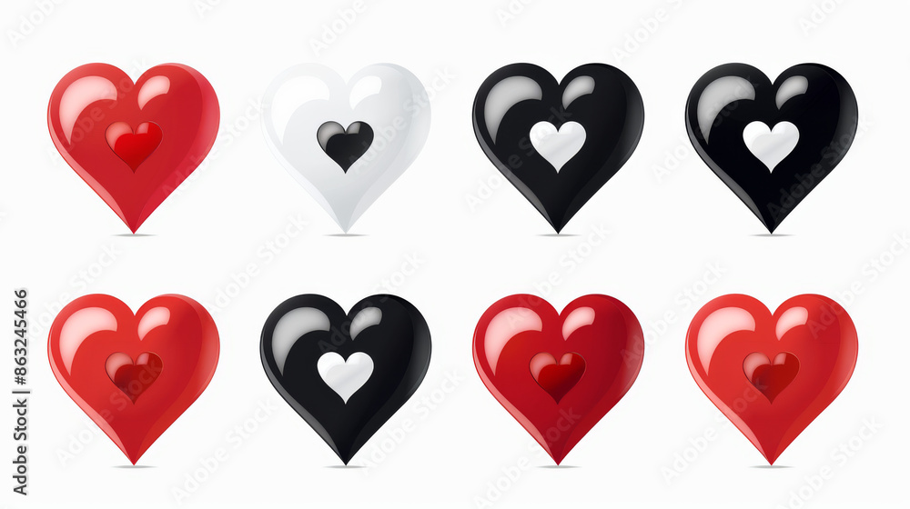 A set of heart symbols in red, black, and white. These heart icons are simple and easy to understand, making them perfect for any design project. A set of heart symbols in red, black, and white. These heart icons are simple and easy to understand, making them perfect for any design project.