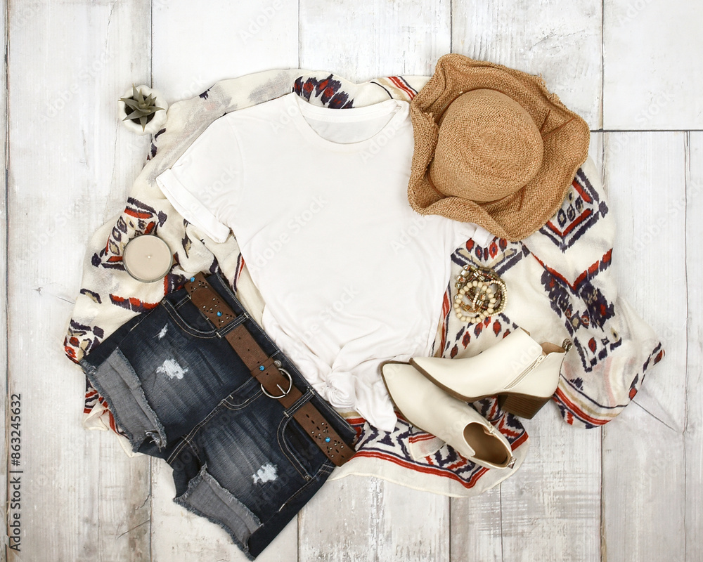 Naklejka premium Ciuntry Western Boho Woman's T-Shirt Mockup