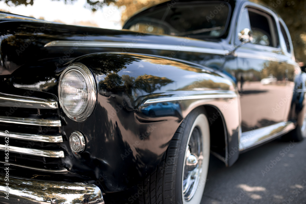 The Classical black muscle car front head lamps view. The Classical black muscle car front head lamps view.