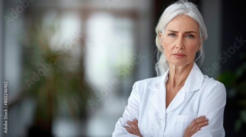 A middle-aged businesswoman with a confident expression stands in an office environment, wearing a white shirt. She appears to exude leadership and professionalism.