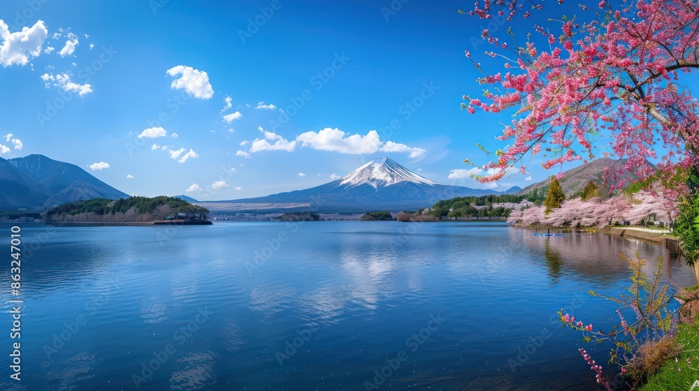 Naklejka premium Panorama view of Mountain fuji in Japan during cherry blossom spring season