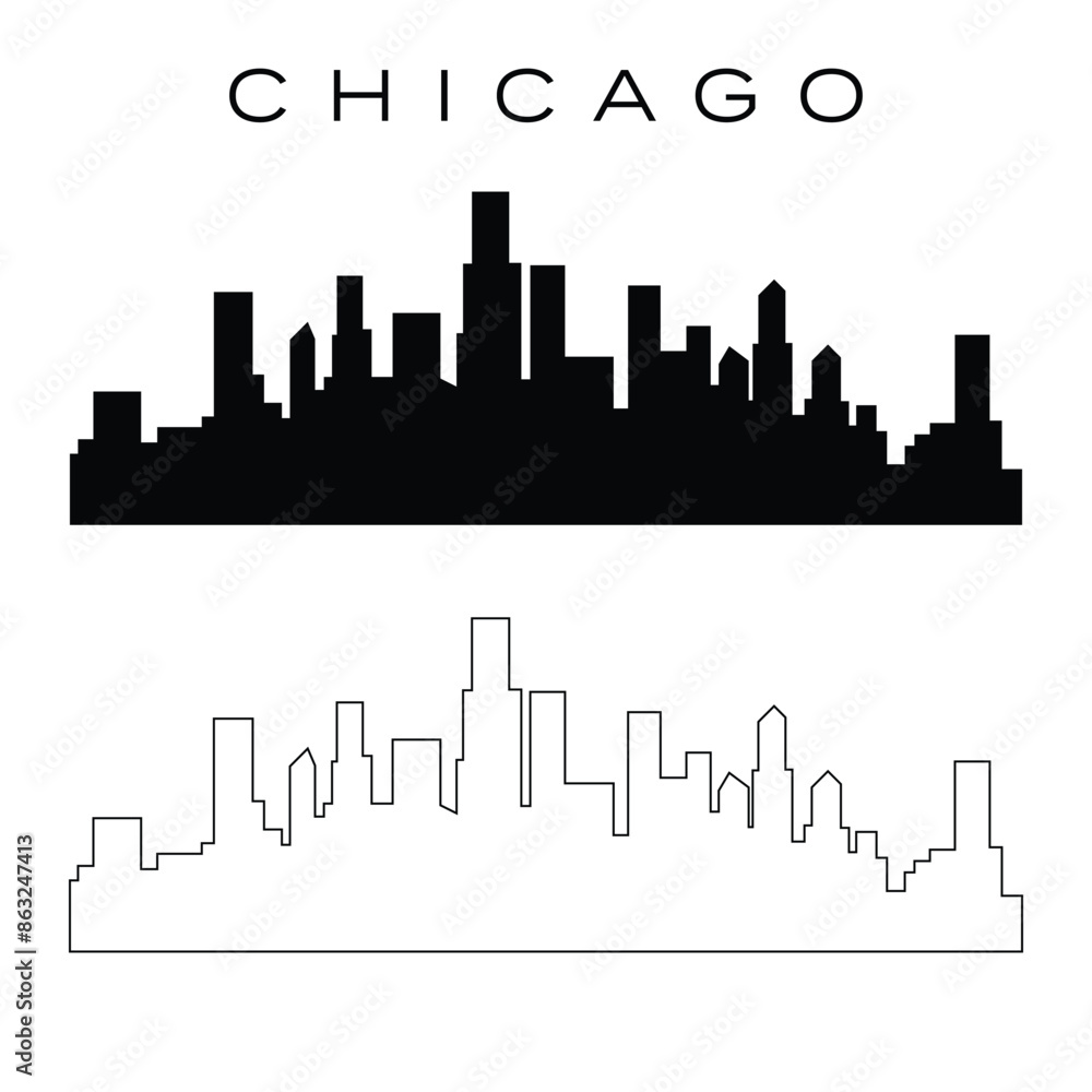 Fototapeta premium Chicago skyline black silhouette and outline vector illustration clip art 