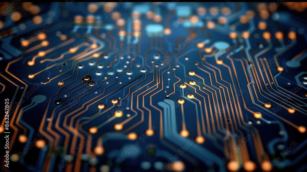 This image showcases a detailed view of a computer circuit board with intricate, glowing pathways and various electronic components. This image showcases a detailed view of a computer circuit board with intricate, glowing pathways and various electronic components.