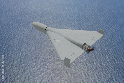 Cuadro en lienzo Aerial view of a combat drone flying over the sea,