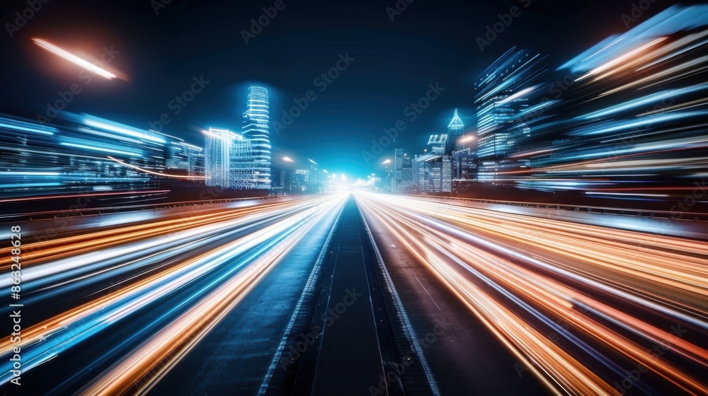 Fototapeta premium A dynamic, futuristic cityscape at night highlighting urban innovation through vibrant light trails and illuminated skyscrapers in a high-tech aesthetic.