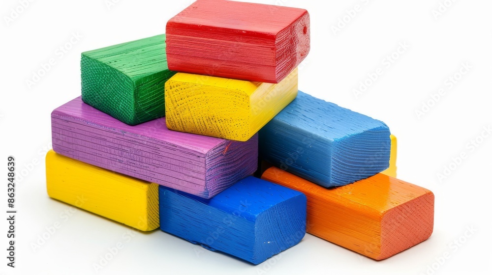 A stack of colorful wooden blocks isolated on white background. A stack of colorful wooden blocks isolated on white background.