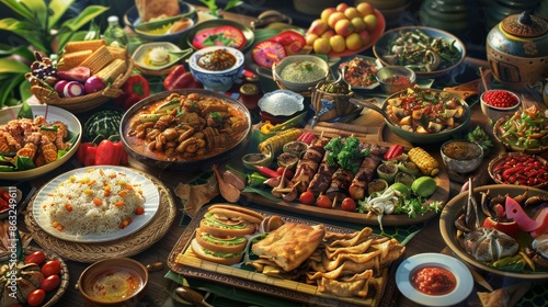 A table overflowing with diverse dishes, showcasing a vibrant and delicious feast.