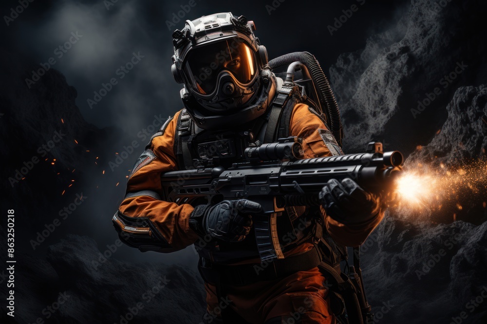 Fototapeta premium An astronaut in a spacesuit and helmet takes aim from a rifle with a muzzle flash against the background of a rock.