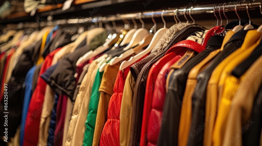 A row of various jackets and coats hanging on a rack, promoting a coat drive to motivate clothing donations. A row of various jackets and coats hanging on a rack, promoting a coat drive to motivate clothing donations.